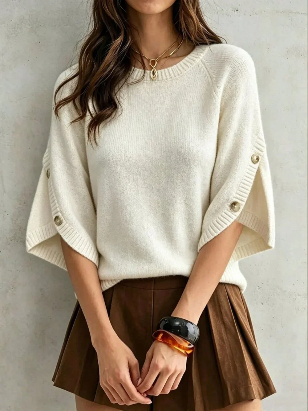 Apricot Casual Women's Round Neck Batwing Sleeve Knit  Sweater Top